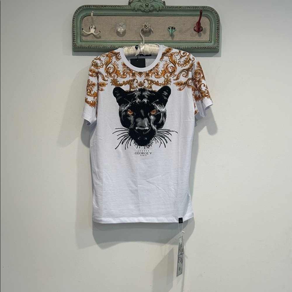 George White and Gold Panther rhinestone fitted T-Shirt medium men’s